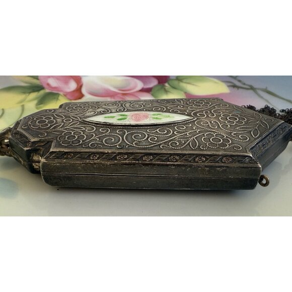 Antique 1910s Compact Coin Purse Silverplate Guilloche Enamel - Picture 5 of 16